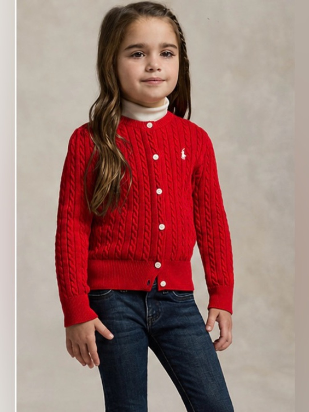 Ralph Lauren Girls' Red Cable Knit Cardigan with Polo Pony